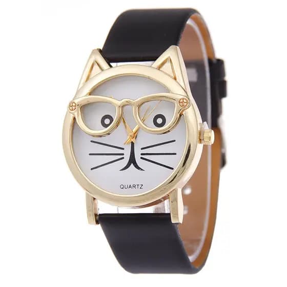 Relógio de pulso feminino de quartzo com design de gato de desenho animado com óculos, estilo estudantil, com rosto de g