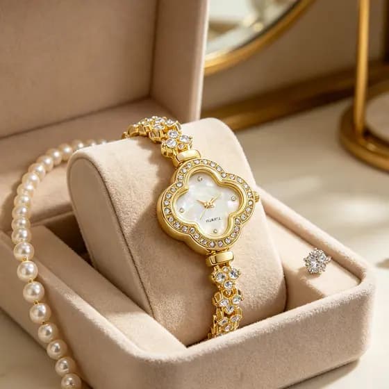 Relógio feminino cravejado de diamantes com design de trevo de quatro folhas e pulseira de aço, movimento de quartzo.