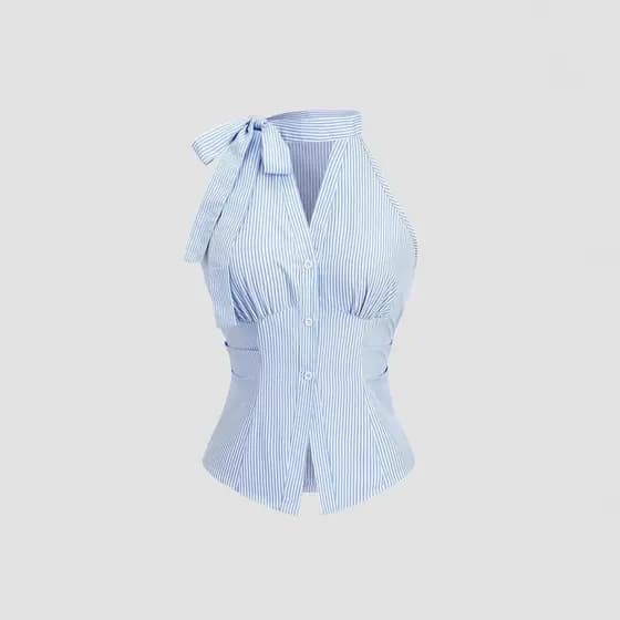 Camiseta feminina sem mangas com listras e decote halter, altamente desejada, design de verão, estilo francês de nicho,