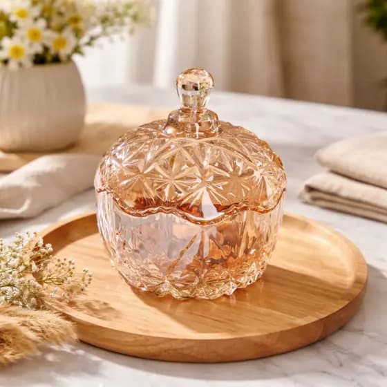 Bomboniere de Vidro com Tampa para Doces Balas Jujubas Decorativa Âmbar