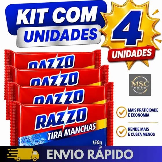 Sabão razzo Tira Manchas Barra Kit 4 Unidades 150g Roupas Brancas Coloridas e Delicadas-Kit 4 Pedras