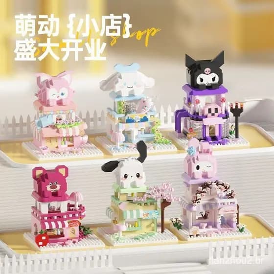 Decorações fofas de cenas de ruas de pequenas lojas, blocos de montar em miniatura, brinquedos de montar.