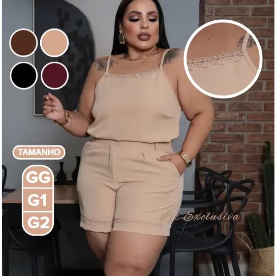 Conjunto Plus Size Alfaiataria Feminino com Renda Elegante Premium Short e Regata GG, G1 e G2 Moda Social Casual