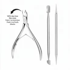 Kit Cutelaria Alicate Aço Inox Manicure Cutícula + Palito Ponta Dupla Aço Inox + Espátula Dupla
