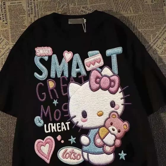 Camiseta Masculina Feminina Algodão Puro Oversize Estampa Retrô Simulada Bordado
