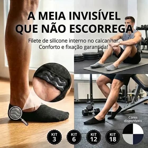 Kit 18 Meia Invisível Masculina/Unissex Antideslizante Soquete Cano baixo Silicone no Calcanhar em Cores Neutras - J&F