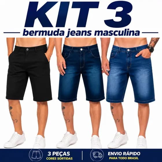 Kit 3 Bermuda Jeans Lisa Masculina Com Elastano SLIM Premium várias Lavargem envio imediato