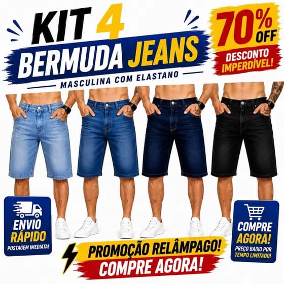 KIT4Bermudas Jeans Lisa Masculina Lycra Elastano promoção enviar rápido