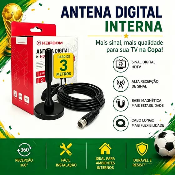 Antena Digital HDTV UHF VHF FM Interna e Externa Amplificada 3,5 dBi Base Magnética à Prova D’Água com Cabo 3m ou 5m