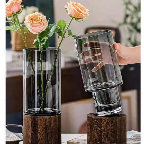 Japão importado simples suporte de madeira vaso de vidro tubo reto prata vime inserção vaso seco grande sala estar Ro
