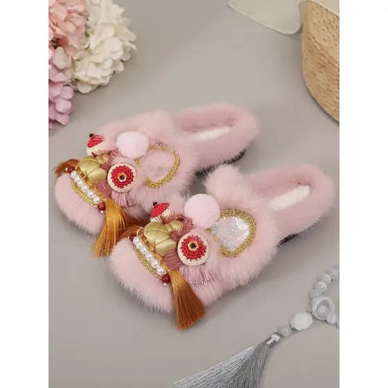 Mulheres Baotou chinelos de algodão inverno novo estilo artesanal coelho Real peludo cabeça de tigre sapatos de lã casa