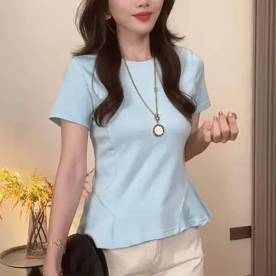 Algodão frente ombro de manga curta camiseta feminina 2026 novo estilo babados verão Design solto francês estilo coreano