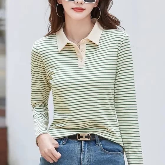 Camisa de fundo de algodão puro feminina outono inverno fino-ajuste superior colarinho engrossado quente interior listra