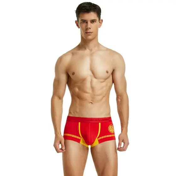 Cuecas boxer masculinas SEOBEAN cintura baixa algodão U-convexo bolsa cuecas personagem feliz vermelho Benming ano boxer