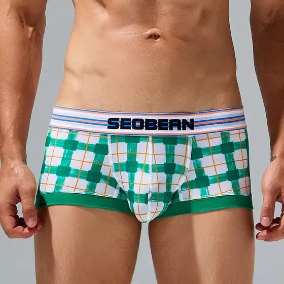 Cuecas boxer masculinas SEOBEAN Cuecas xadrez para jovens Leggings de seda gelada Cuecas boxer respiráveis em U-Convexo