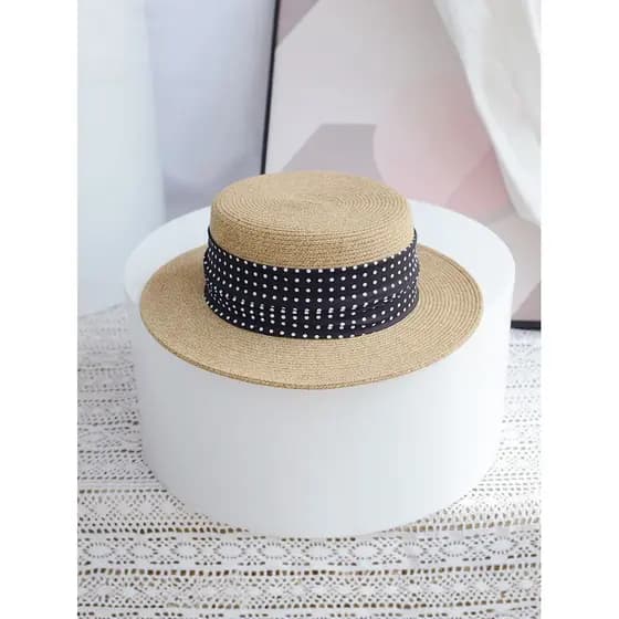Novo chapéu de palha feminino verão francês chapéu de topo plano aba plana chapéu de sol moda bolinhas chapéu de sol de