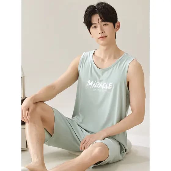 Modal sem mangas pijamas masculino verão colete Shorts Casual terno verão fino confortável legal Loungewear masculino