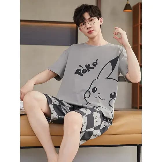 Masculino juventude pijamas verão Shorts de manga curta Casual dos desenhos animados terno verão fino Homewear masculino