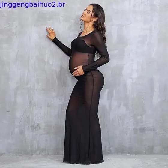 Vestido Longo Elegante de Malha para Gestantes com Mangas Compridas para Casamento, Festa e Fotografia QH603