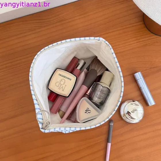 Doce amor listrado saco cosmético menina portátil saco de armazenamento de cosméticos embreagem bonito estudante lápis c