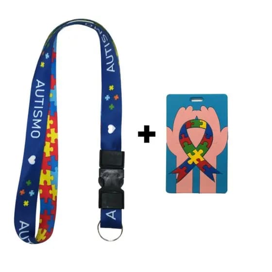 Kit Cordão Fecho Engate Rápido Autismo Azul Dupla face + Porta Cartão Crachá Emborrachado Azul Autista Autismo