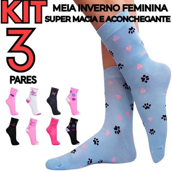 Kit 3 Meias Femininas Cano Longo Super Conforto, Macias e Não Apertam Envio Imediato