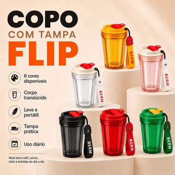 Copo Coffee Cup com Tampa Flip Translúcido Leve Portátil 6 Cores 400ml