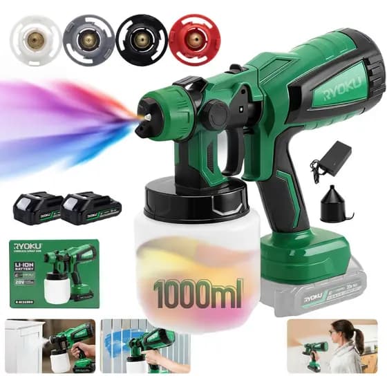 Pistola Pulverizador Tinta Elétrico Compressor com 4 Bicos Bateria RYOKU 20v 1000ml Sem Fio