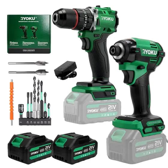Kit 2 Furadeira E Parafusadeira De Impacto Brushless Ryoku 2 Baterias 21V