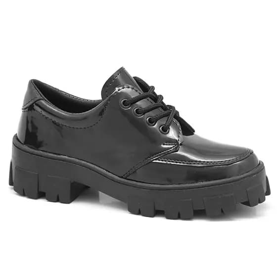 Coturno Retro Feminino Verniz Tratorado Plataforma Cadarço Solado Grosso Moda Material Premium