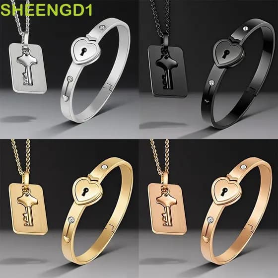 Pulseira de Casal SHEENGD1, Pulseiras de Cadeado e Chave Combinando com Pingente de Cadeado em Forma de Coração de Metal