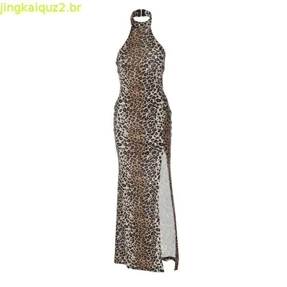 Vestido longo Dulzura sem ombros, sem mangas, costas abertas, ajustado, com fenda lateral, botões, estampa de leopardo,