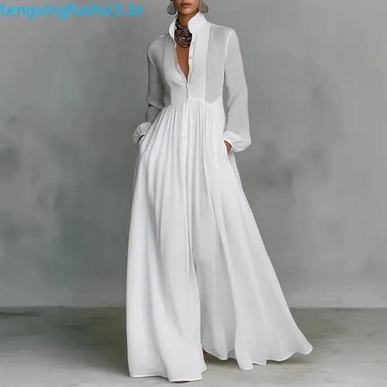 Maxi Length Dress Sophisticated Women’s Long Sleeve with Stand Collar Button-down Front Functional Pockets Pleated Flo