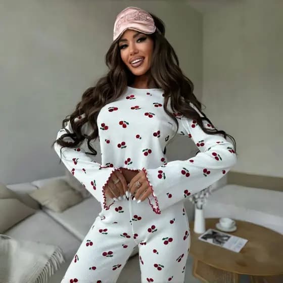 Pijama feminino de primavera e outono com mangas sino, estampado e com bordas enroladas, de manga comprida e calça compr