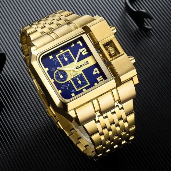 Relógio masculino Oum de quartzo dourado, mostrador grande com calendário, pulseira de aço.