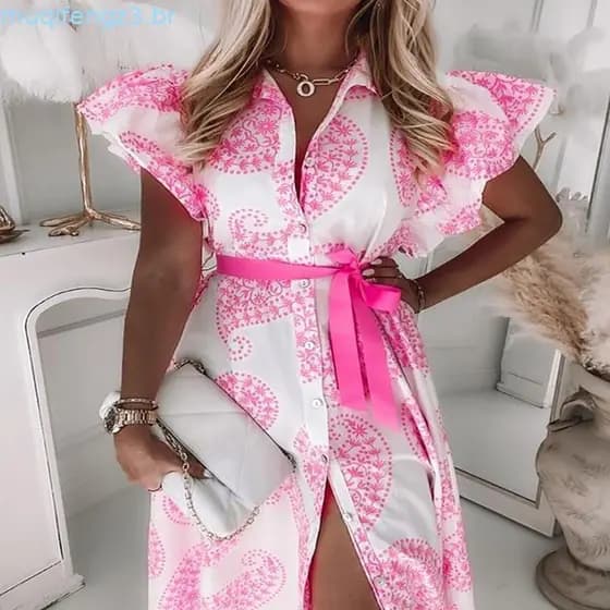 2022 verão babados cinto de manga curta com decote em V botão impresso vestido A linha saia