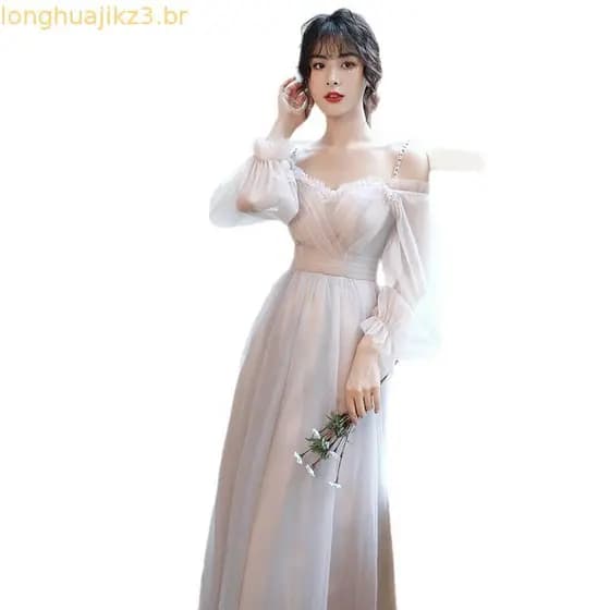 Rosa Azul Vestido De Noite De Manga Comprida Para Mulheres Fada Fora Do Ombro Banquete Magro Vestidos De Festa Jantar De