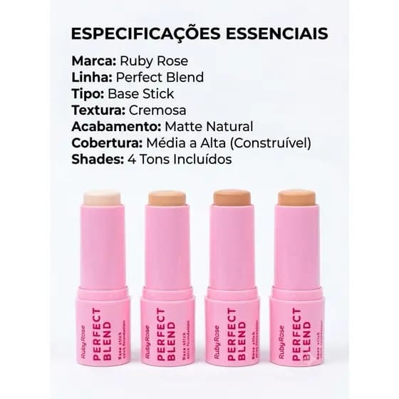 Base Em Bastão Ruby Rose Perfect Blend 6,68g com Cobertura Uniforme