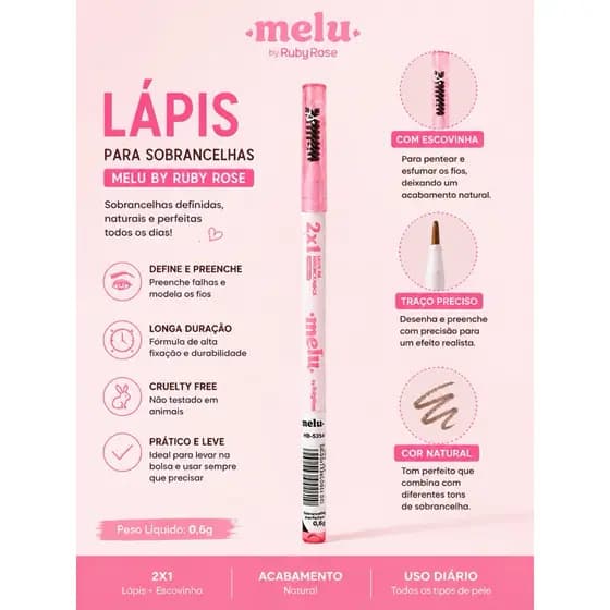 lápis para Sombrancelha 2 em 1 Médium Melu Ruby Rouse