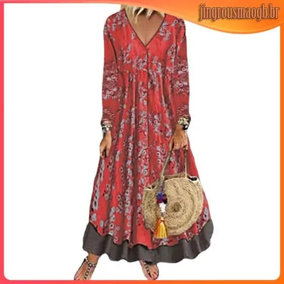 Vestido Longo Elegante Feminino Vintage Estampado com Decote em V e Manga Longa 2026