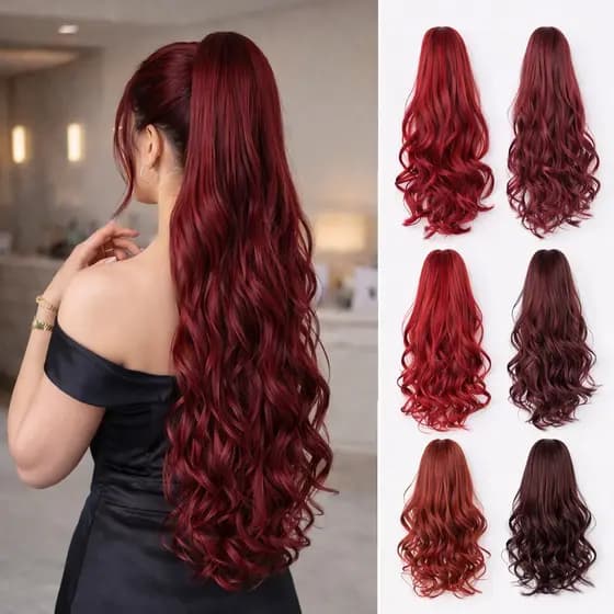Extensão de Cabelo em Rabo de Cavalo Vermelho, Cereja Marsala, Vinho Cereja, Cabelo Humano Orgânico, Liso, Ondulado, Cac