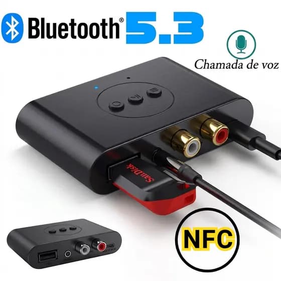 Receptor De Áudio Usb Tipo-C Bluetooth 5.3 Nfc Com P2 E Rca Para Carro Caixa de Som Receiver