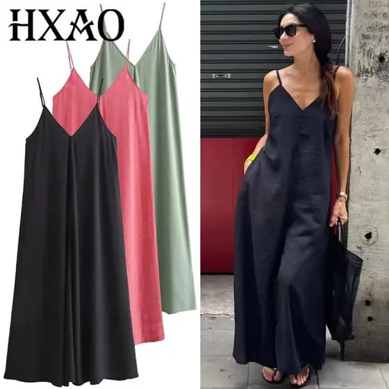 Vestido Slip Feminino HXAO 2025, Verde e Vermelho, Vestido Casual de Verão, Decote em V, Costas Descobertas, Vestido Lon