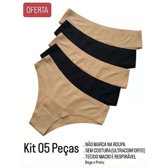 KIT 5 Calcinhas Sem Costura CORTE A LASER | Cores PRETO E NUDE | Tanga Conforto NÃO MARCA na Roupa
