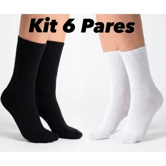 Kit Meia Cano Alto 6 Pares Unissex Algodão Básica Confortável