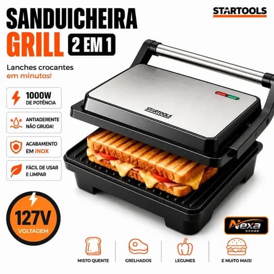 Sanduicheira Grill Barata Elétrica 2 Em 1 Antiaderente 1000W 127V - Inox🥪