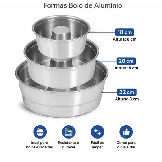 Forma de Bolo em Aluminio polido tam 18cm 20cm 22cm Ideal para Bolo com Furo Pudim