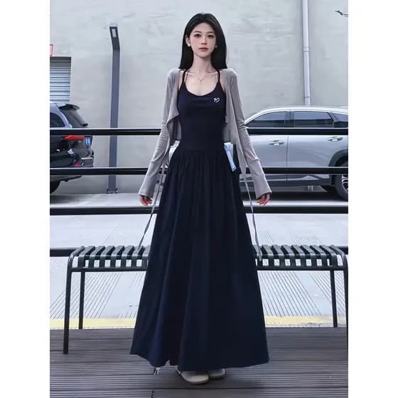 Início da primavera lindo temperamento vestido crianças verão 2026 novo estilo saia longa Cardigan estilingue de duas pe