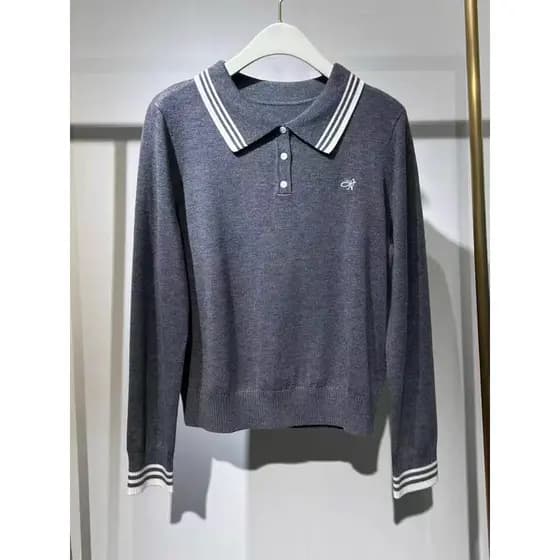 3-19 malhas femininas primavera outono novo estilo Retro lapela manga comprida topo Casual estiramento High-End confortá