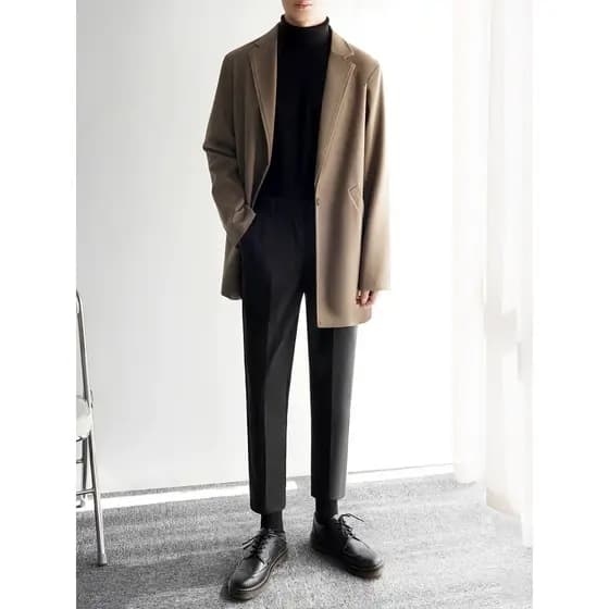 Casaco de lã masculino outono inverno comprimento médio versão coreana na moda terno colarinho blusão solto bonito lã ma